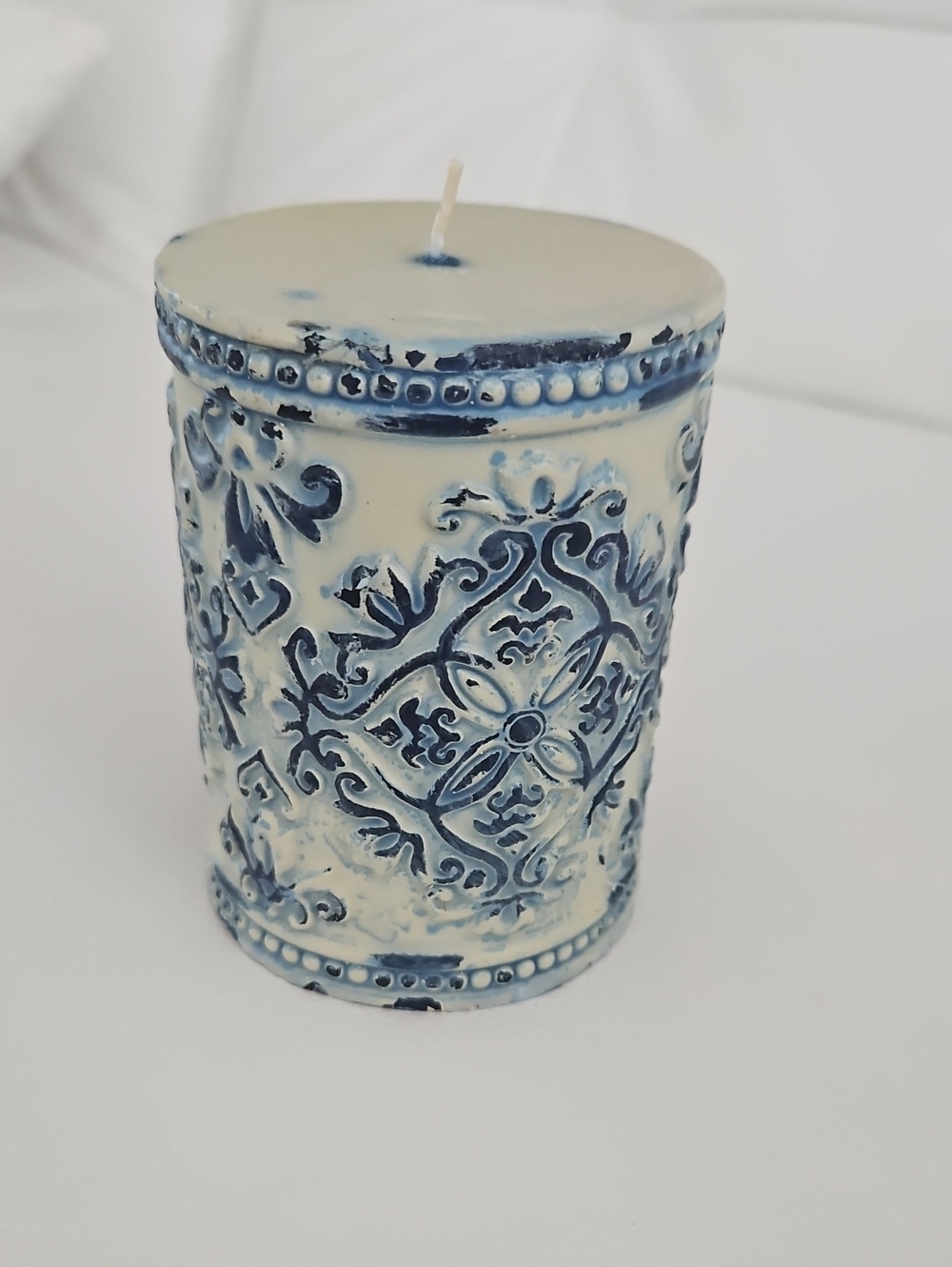 Blue and Cream Ornamental Pillar Candle - Home Accents